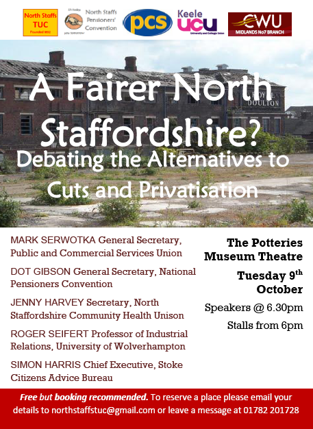 Leaflet for Fairer North Staffs event which will take place at the Potteries Museum Theatre onTuesday 9th October from 6pm